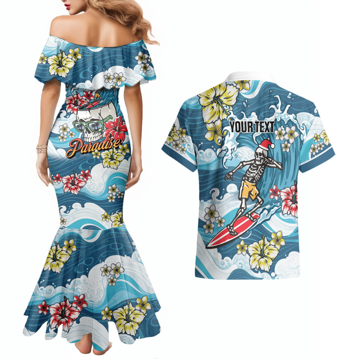 Hawaii Santa Skeleton Surfing Personalized Couples Matching Mermaid Dress and Hawaiian Shirt Mele Kalikimaka i Iulai! LT9 - Polynesian Pride