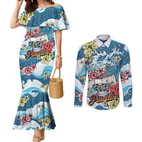 Hawaii Santa Skeleton Surfing Personalized Couples Matching Mermaid Dress and Long Sleeve Button Shirt Mele Kalikimaka i Iulai! LT9 Blue - Polynesian Pride