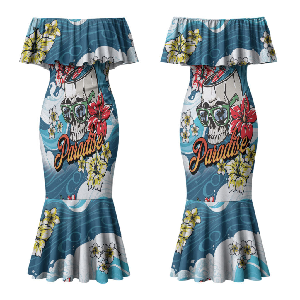 Hawaii Santa Skeleton Surfing Personalized Couples Matching Mermaid Dress and Long Sleeve Button Shirt Mele Kalikimaka i Iulai! LT9 - Polynesian Pride