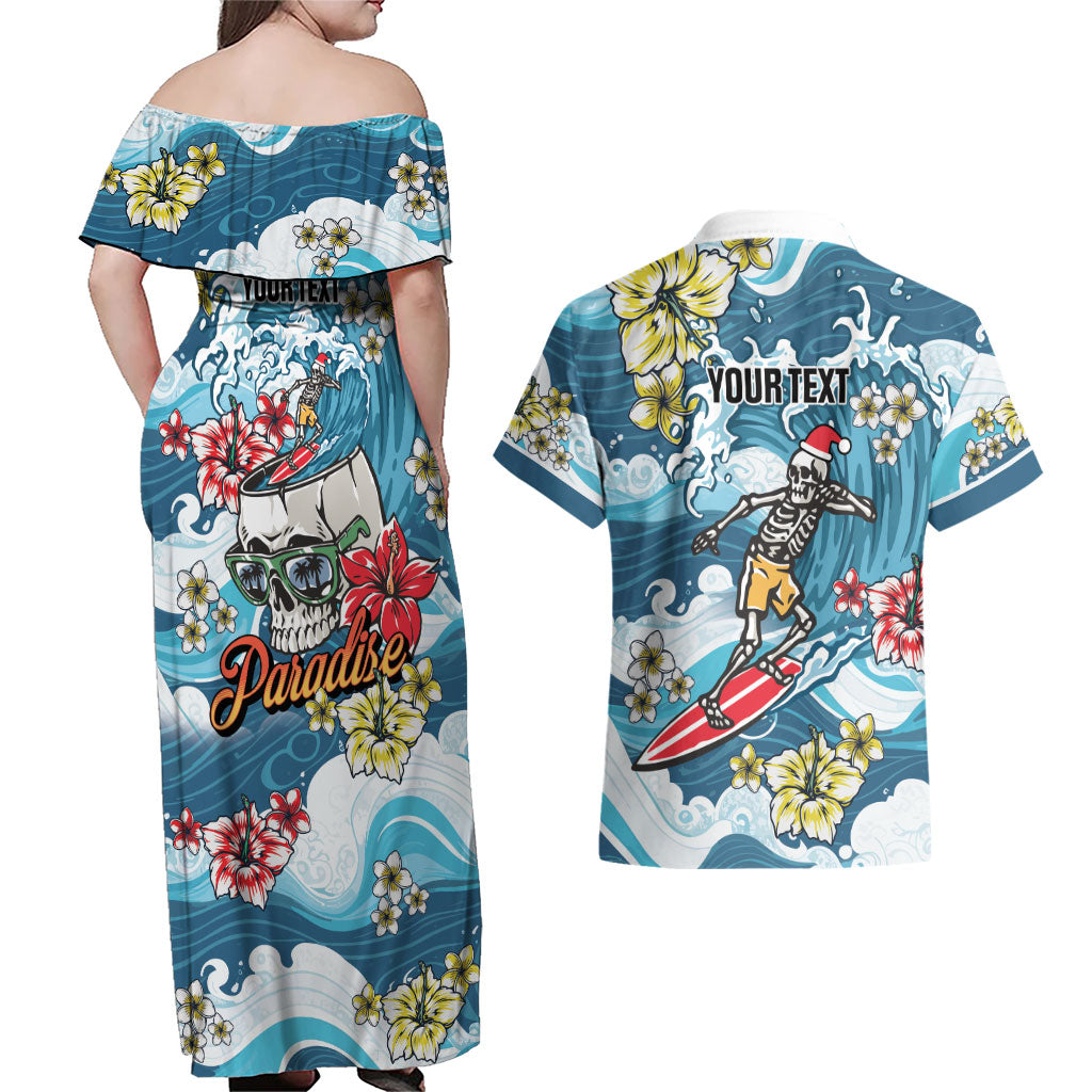 Hawaii Santa Skeleton Surfing Personalized Couples Matching Off Shoulder Maxi Dress and Hawaiian Shirt Mele Kalikimaka i Iulai! LT9 - Polynesian Pride