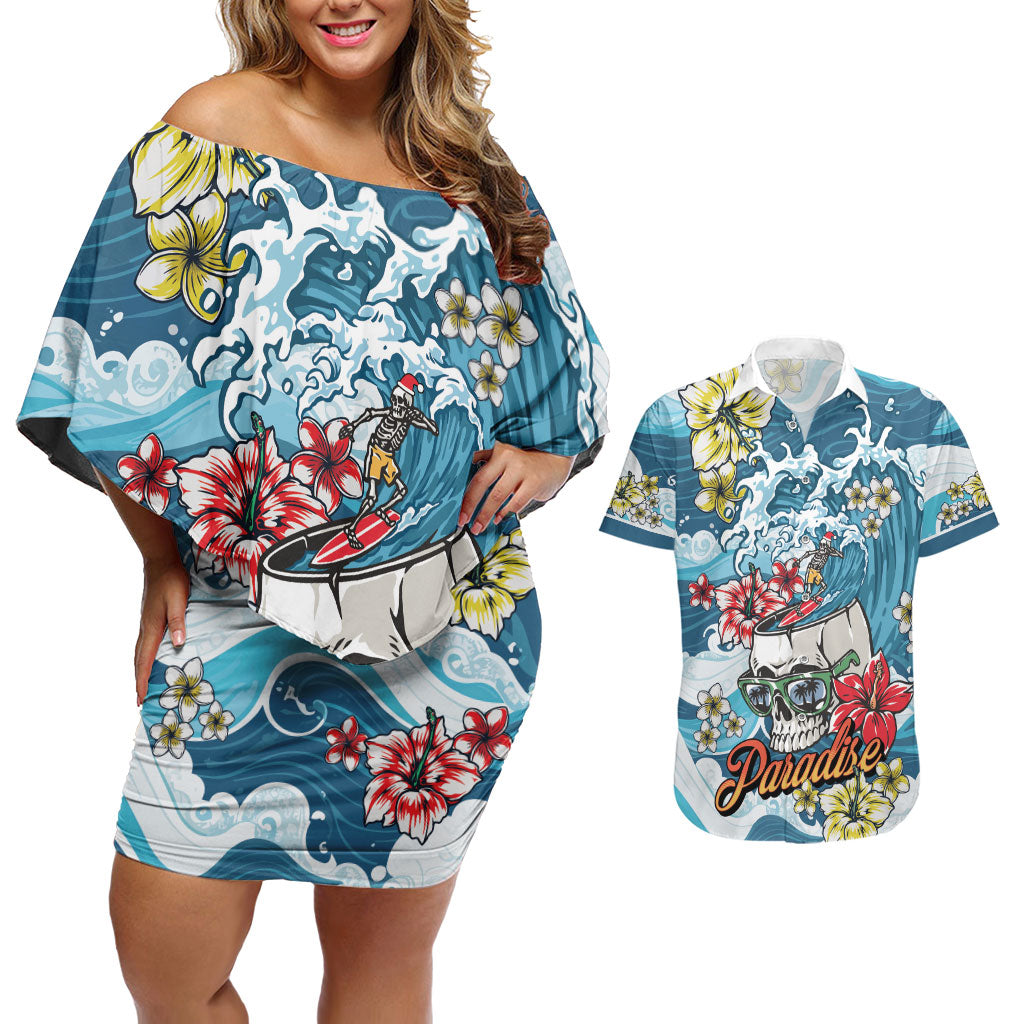 Hawaii Santa Skeleton Surfing Personalized Couples Matching Off Shoulder Short Dress and Hawaiian Shirt Mele Kalikimaka i Iulai! LT9 Blue - Polynesian Pride
