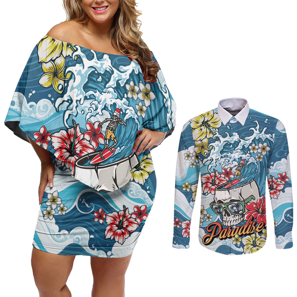 Hawaii Santa Skeleton Surfing Personalized Couples Matching Off Shoulder Short Dress and Long Sleeve Button Shirt Mele Kalikimaka i Iulai! LT9 Blue - Polynesian Pride