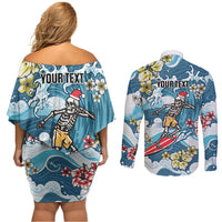 Hawaii Santa Skeleton Surfing Personalized Couples Matching Off Shoulder Short Dress and Long Sleeve Button Shirt Mele Kalikimaka i Iulai! LT9 - Polynesian Pride