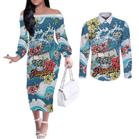 Hawaii Santa Skeleton Surfing Personalized Couples Matching Off The Shoulder Long Sleeve Dress and Long Sleeve Button Shirt Mele Kalikimaka i Iulai! LT9 Blue - Polynesian Pride