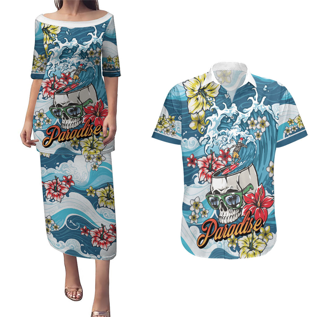 Hawaii Santa Skeleton Surfing Personalized Couples Matching Puletasi and Hawaiian Shirt Mele Kalikimaka i Iulai! LT9 Blue - Polynesian Pride