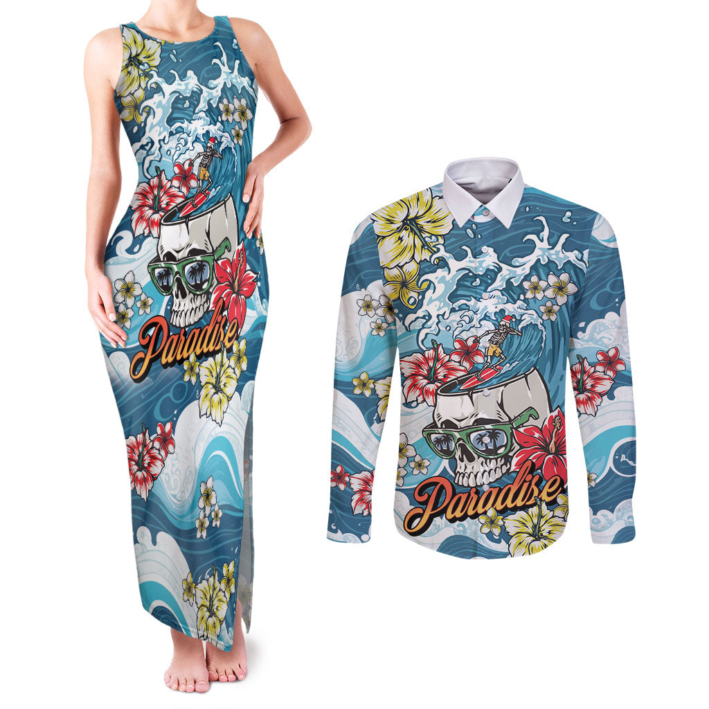 Hawaii Santa Skeleton Surfing Personalized Couples Matching Tank Maxi Dress and Long Sleeve Button Shirt Mele Kalikimaka i Iulai! LT9 Blue - Polynesian Pride