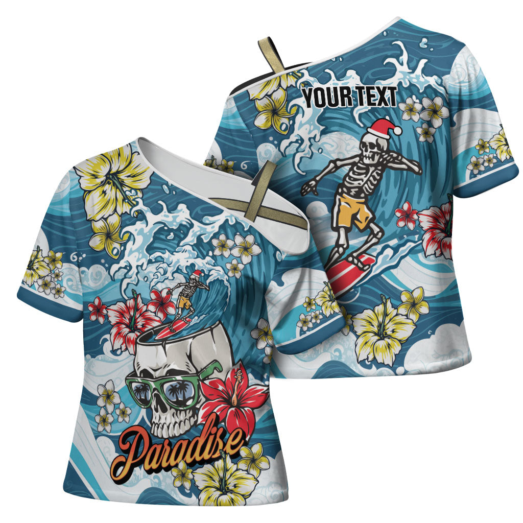 Hawaii Santa Skeleton Surfing Personalized Cross Shoulder Shirt Mele Kalikimaka i Iulai!