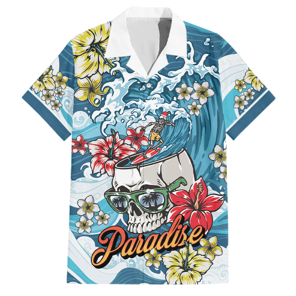 Hawaii Santa Skeleton Surfing Personalized Family Matching Mermaid Dress and Hawaiian Shirt Mele Kalikimaka i Iulai! LT9 Dad's Shirt - Short Sleeve Blue - Polynesian Pride
