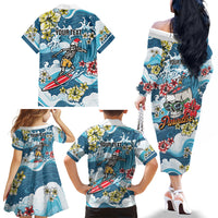 Hawaii Santa Skeleton Surfing Personalized Family Matching Off The Shoulder Long Sleeve Dress and Hawaiian Shirt Mele Kalikimaka i Iulai! LT9 - Polynesian Pride