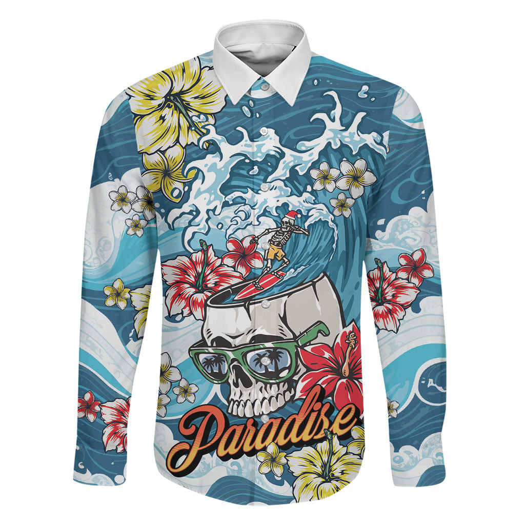 Hawaii Santa Skeleton Surfing Personalized Family Matching Off The Shoulder Long Sleeve Dress and Hawaiian Shirt Mele Kalikimaka i Iulai! LT9 Dad's Shirt - Long Sleeve Blue - Polynesian Pride