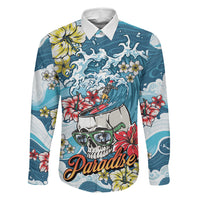 Hawaii Santa Skeleton Surfing Personalized Family Matching Tank Maxi Dress and Hawaiian Shirt Mele Kalikimaka i Iulai! LT9 Dad's Shirt - Long Sleeve Blue - Polynesian Pride