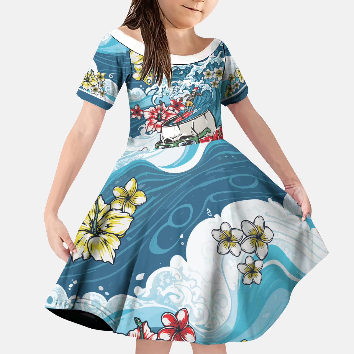 Hawaii Santa Skeleton Surfing Personalized Kid Short Sleeve Dress Mele Kalikimaka i Iulai!