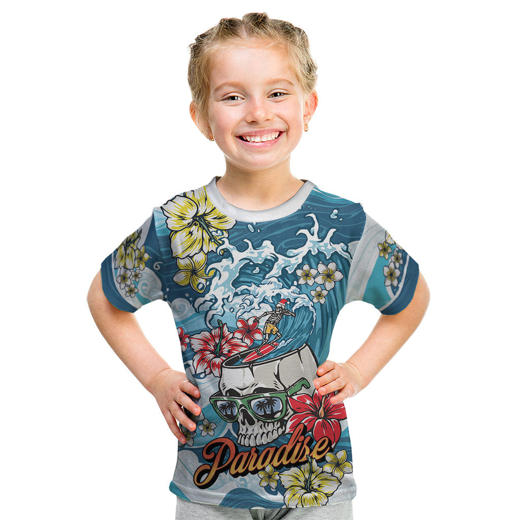 Hawaii Santa Skeleton Surfing Personalized Kid T Shirt Mele Kalikimaka i Iulai!