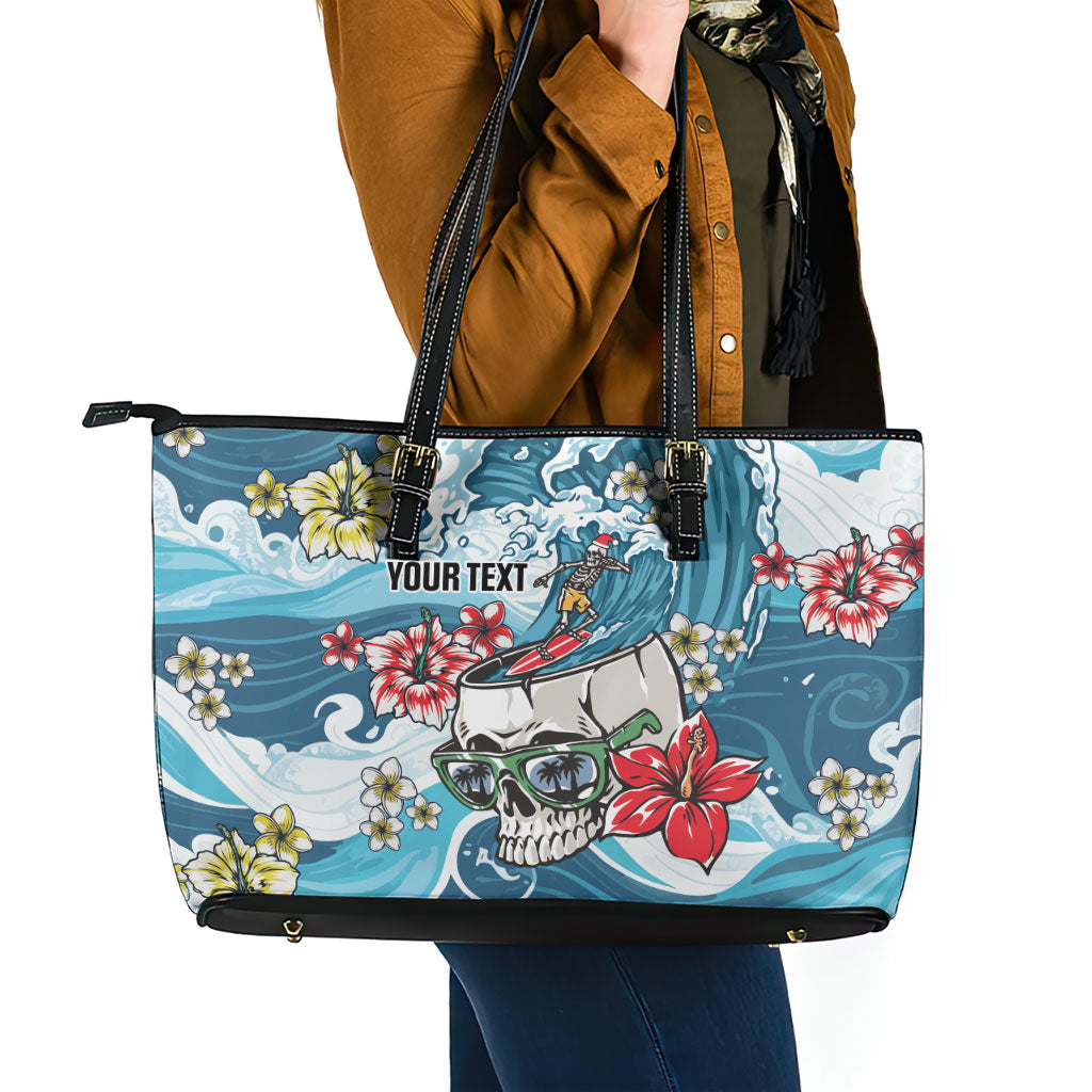 Hawaii Santa Skeleton Surfing Personalized Leather Tote Bag Mele Kalikimaka i Iulai!