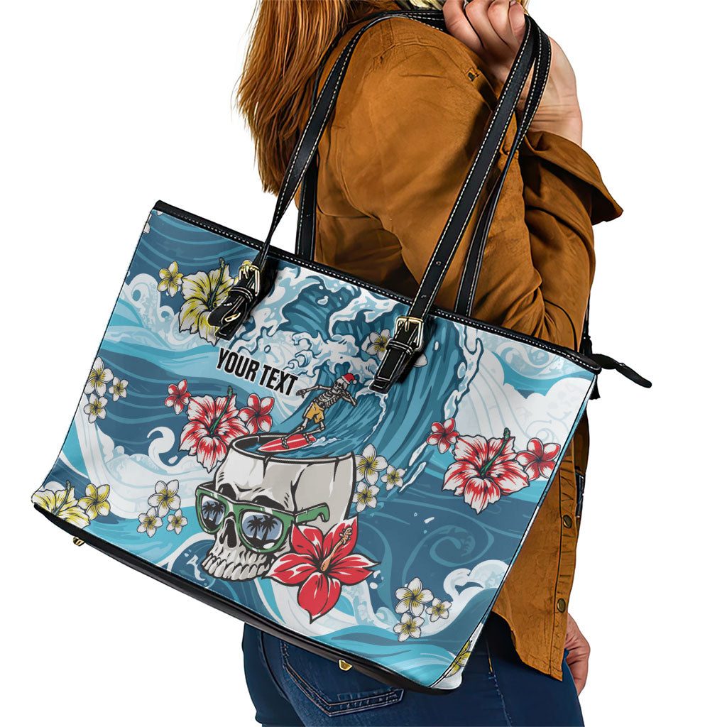 Hawaii Santa Skeleton Surfing Personalized Leather Tote Bag Mele Kalikimaka i Iulai!