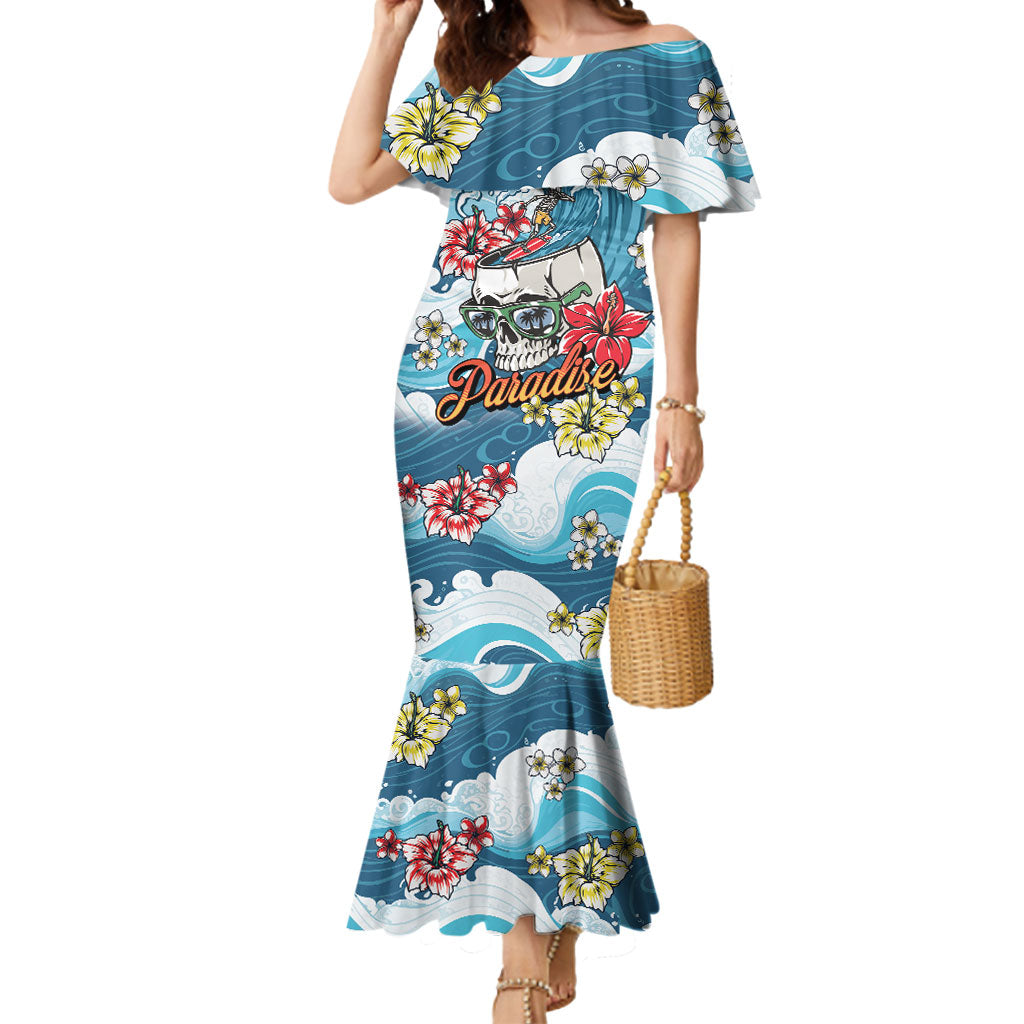 Hawaii Santa Skeleton Surfing Personalized Mermaid Dress Mele Kalikimaka i Iulai! LT9 Women Blue - Polynesian Pride