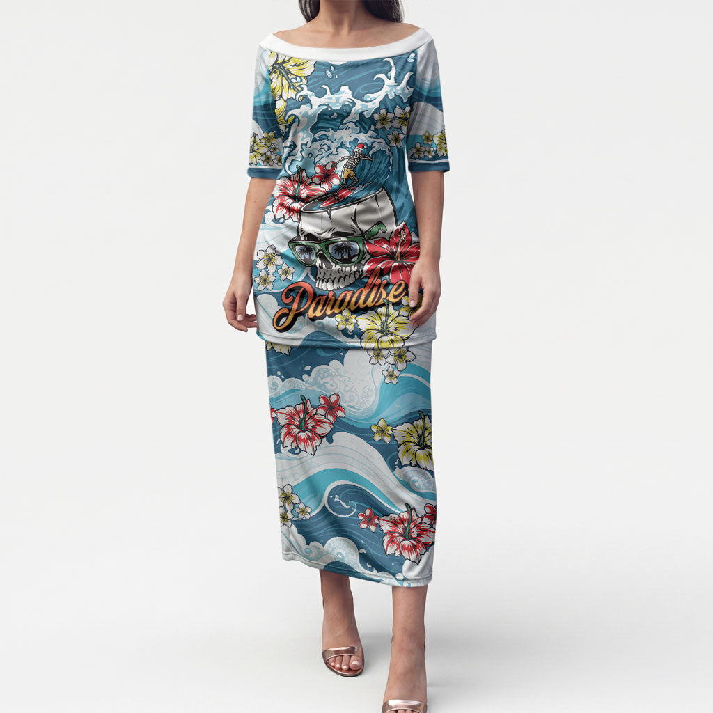 Hawaii Santa Skeleton Surfing Personalized Puletasi Mele Kalikimaka i Iulai! LT9 Long Dress Blue - Polynesian Pride