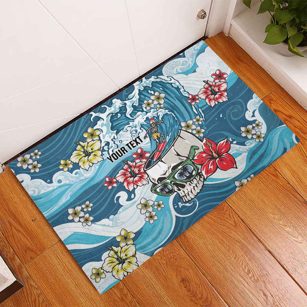 Hawaii Santa Skeleton Surfing Personalized Rubber Doormat Mele Kalikimaka i Iulai!