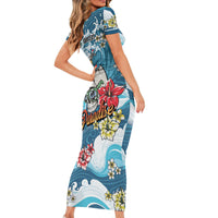Hawaii Santa Skeleton Surfing Personalized Short Sleeve Bodycon Dress Mele Kalikimaka i Iulai!