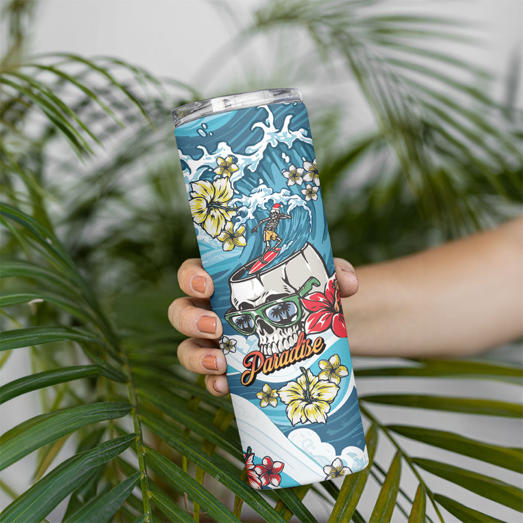 Hawaii Santa Skeleton Surfing Personalized Skinny Tumbler Mele Kalikimaka i Iulai! LT9 - Polynesian Pride