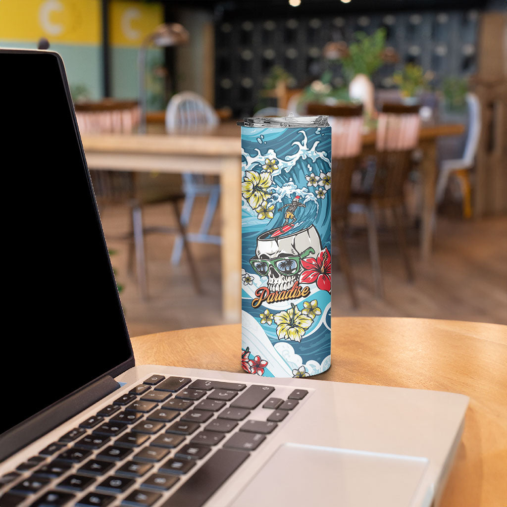 Hawaii Santa Skeleton Surfing Personalized Skinny Tumbler Mele Kalikimaka i Iulai! LT9 - Polynesian Pride