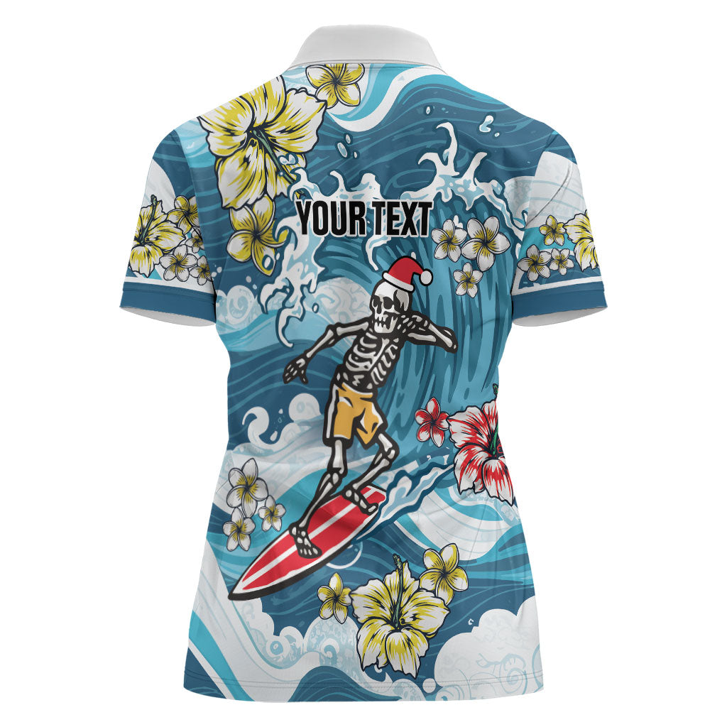 Hawaii Santa Skeleton Surfing Personalized Women Polo Shirt Mele Kalikimaka i Iulai! LT9 - Polynesian Pride