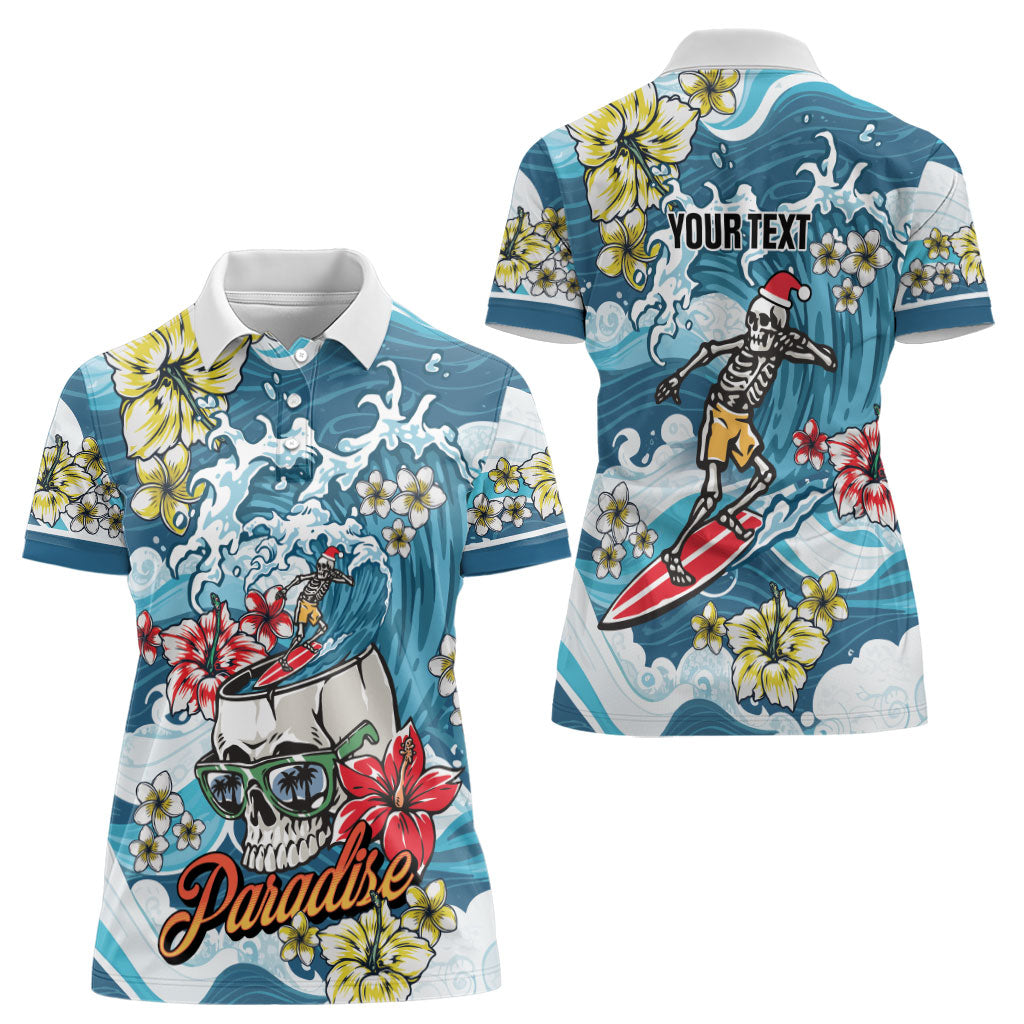 Hawaii Santa Skeleton Surfing Personalized Women Polo Shirt Mele Kalikimaka i Iulai! LT9 - Polynesian Pride