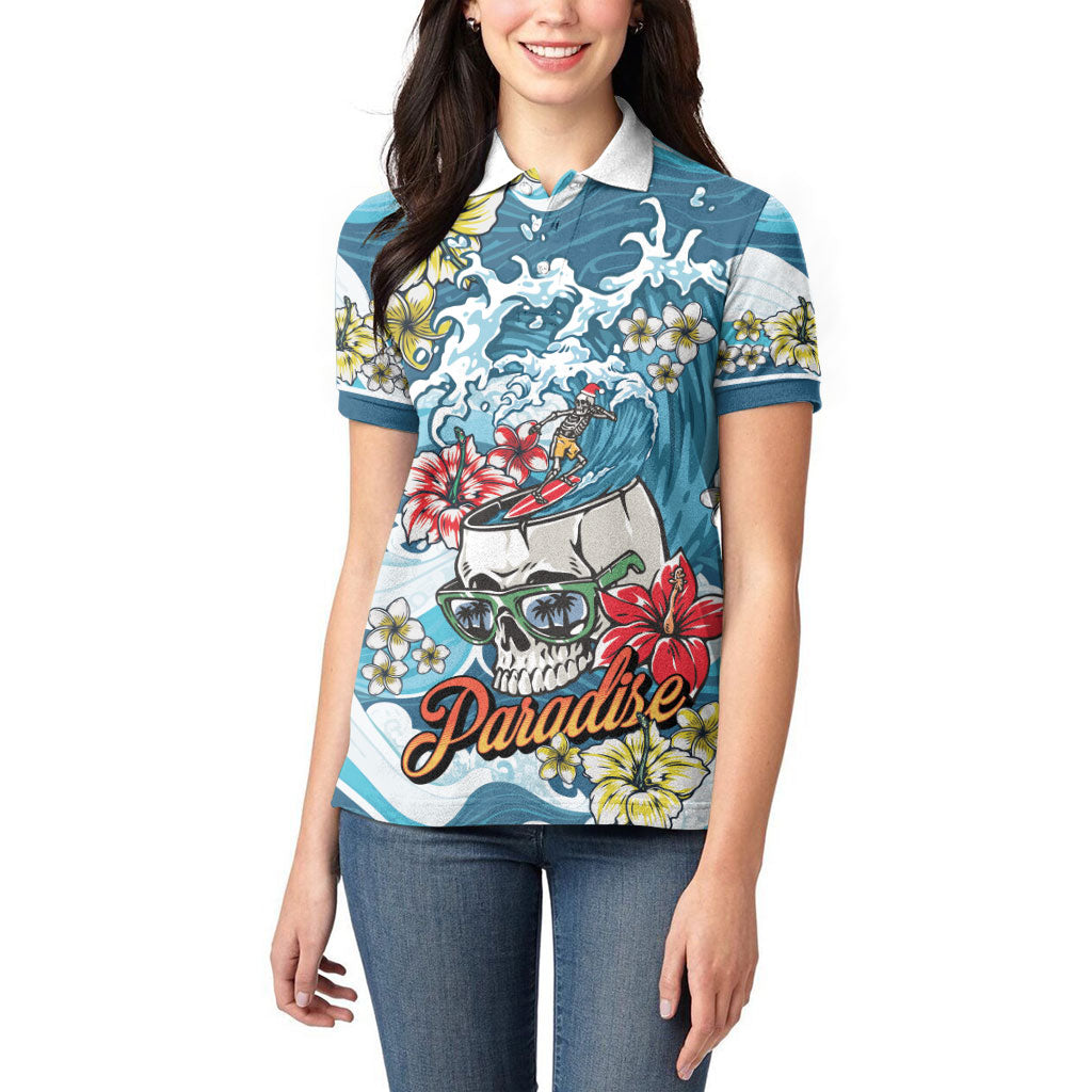 Hawaii Santa Skeleton Surfing Personalized Women Polo Shirt Mele Kalikimaka i Iulai! LT9 - Polynesian Pride