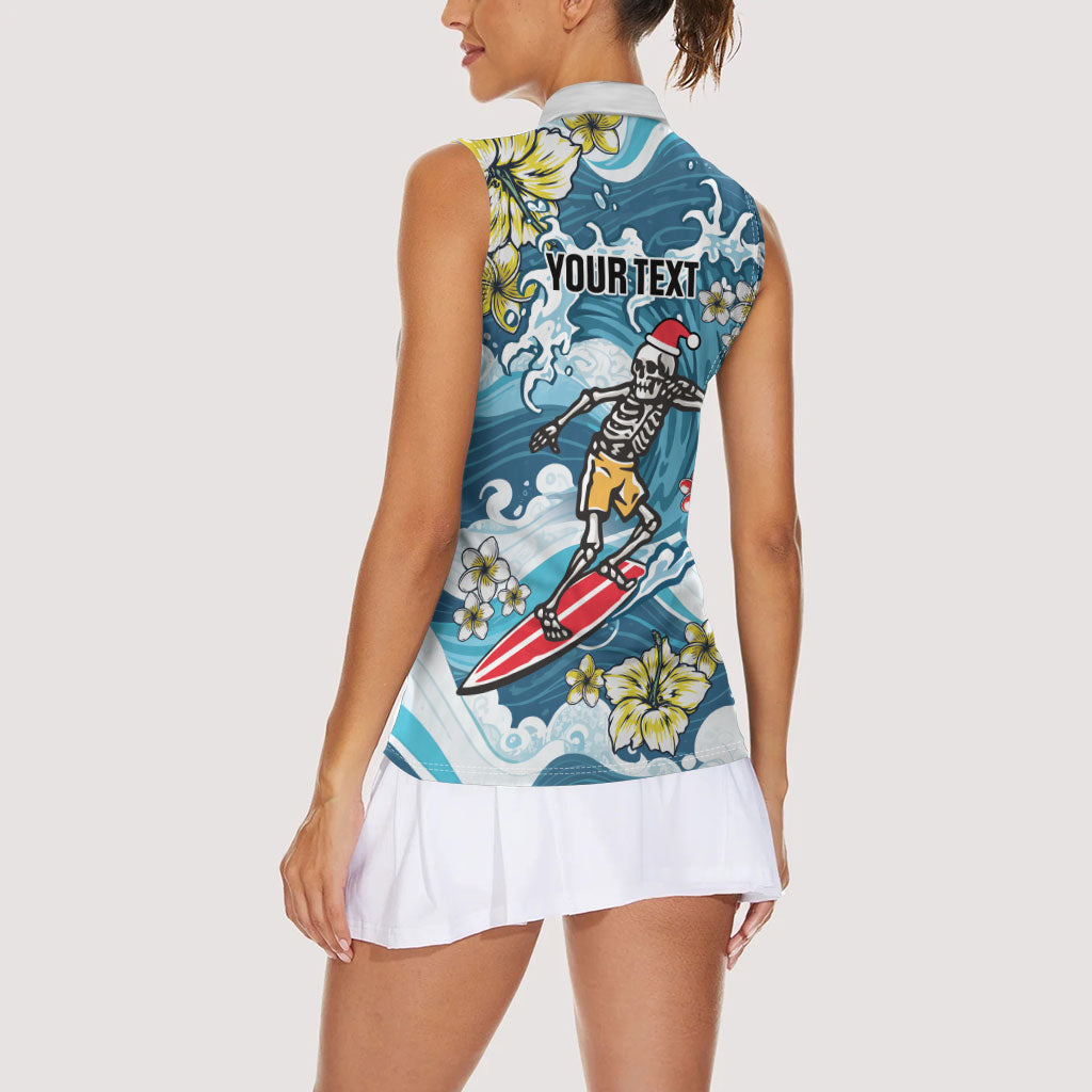 Hawaii Santa Skeleton Surfing Personalized Women Sleeveless Polo Shirt Mele Kalikimaka i Iulai! LT9 - Polynesian Pride