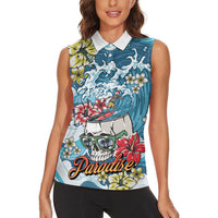 Hawaii Santa Skeleton Surfing Personalized Women Sleeveless Polo Shirt Mele Kalikimaka i Iulai! LT9 - Polynesian Pride