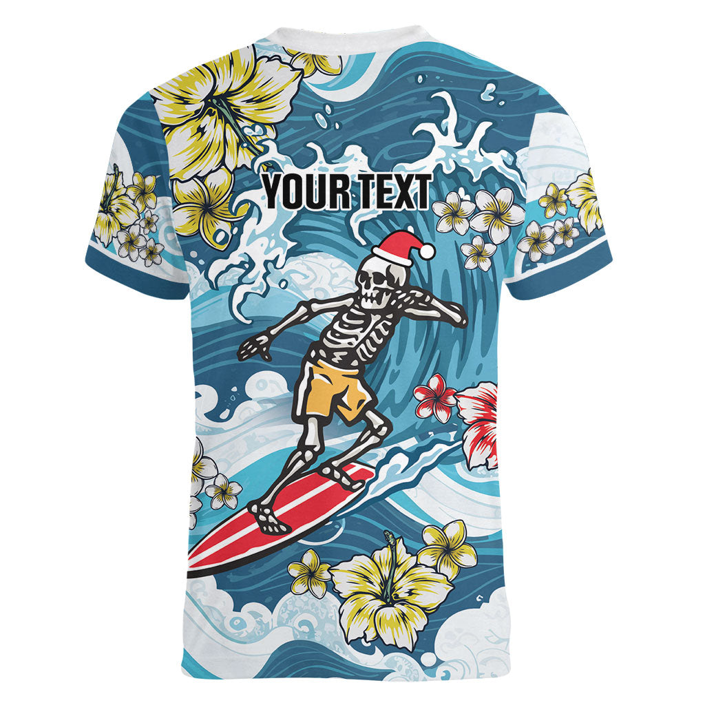 Hawaii Santa Skeleton Surfing Personalized Women V-Neck T-Shirt Mele Kalikimaka i Iulai! LT9 - Polynesian Pride