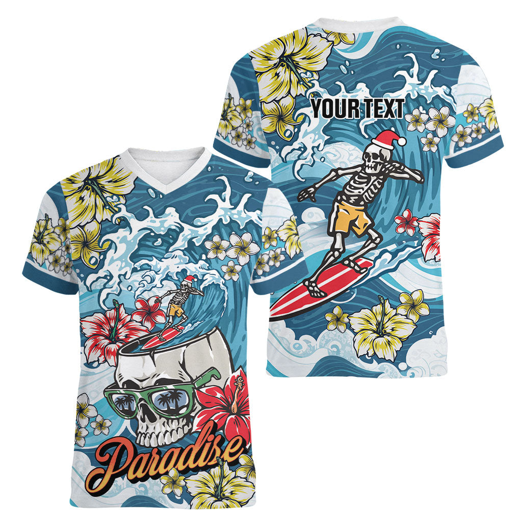 Hawaii Santa Skeleton Surfing Personalized Women V-Neck T-Shirt Mele Kalikimaka i Iulai! LT9 - Polynesian Pride