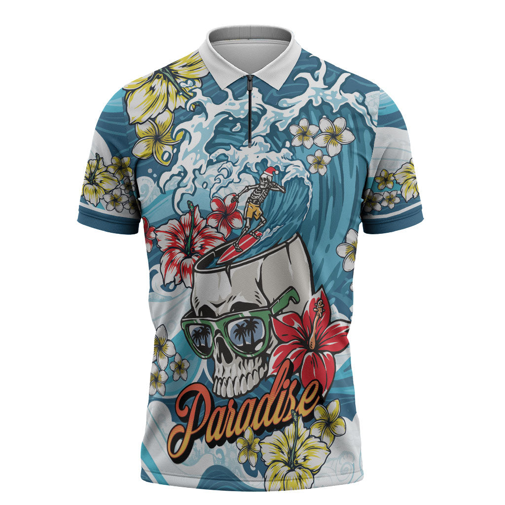 Hawaii Santa Skeleton Surfing Personalized Zipper Polo Shirt Mele Kalikimaka i Iulai! LT9 Blue - Polynesian Pride