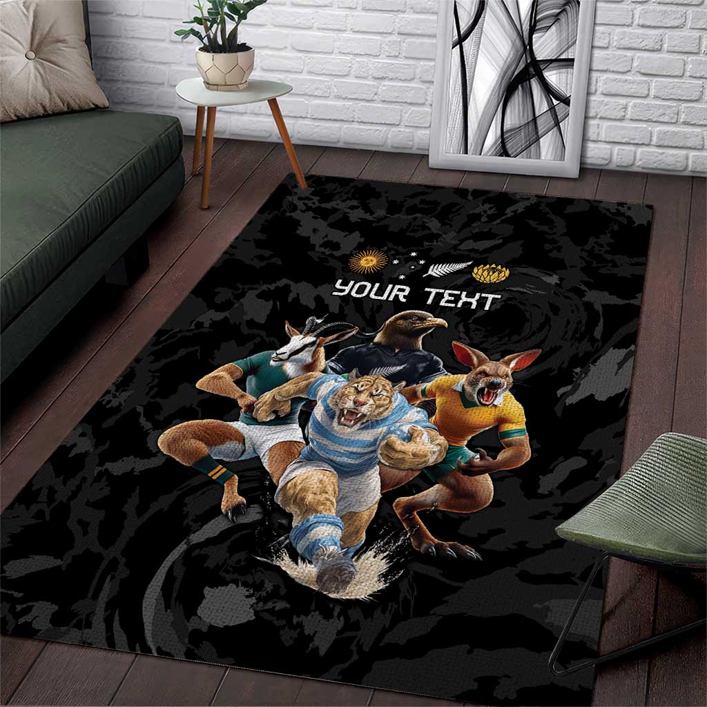 Custom Rugby Southern Hemisphere Area Rug Argentina AUNZ South Africa Mascot Black LT9 Black - Polynesian Pride