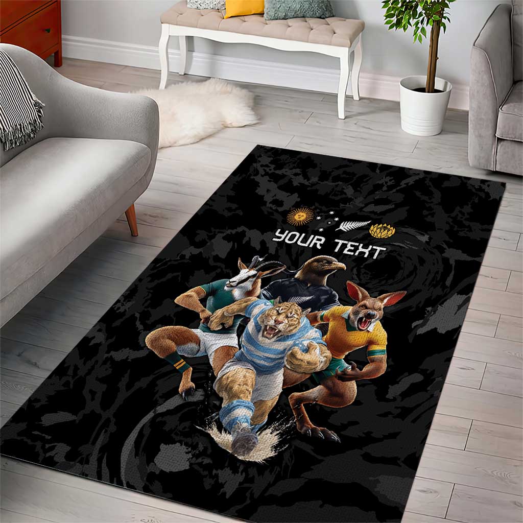 Custom Rugby Southern Hemisphere Area Rug Argentina AUNZ South Africa Mascot Black LT9 - Polynesian Pride