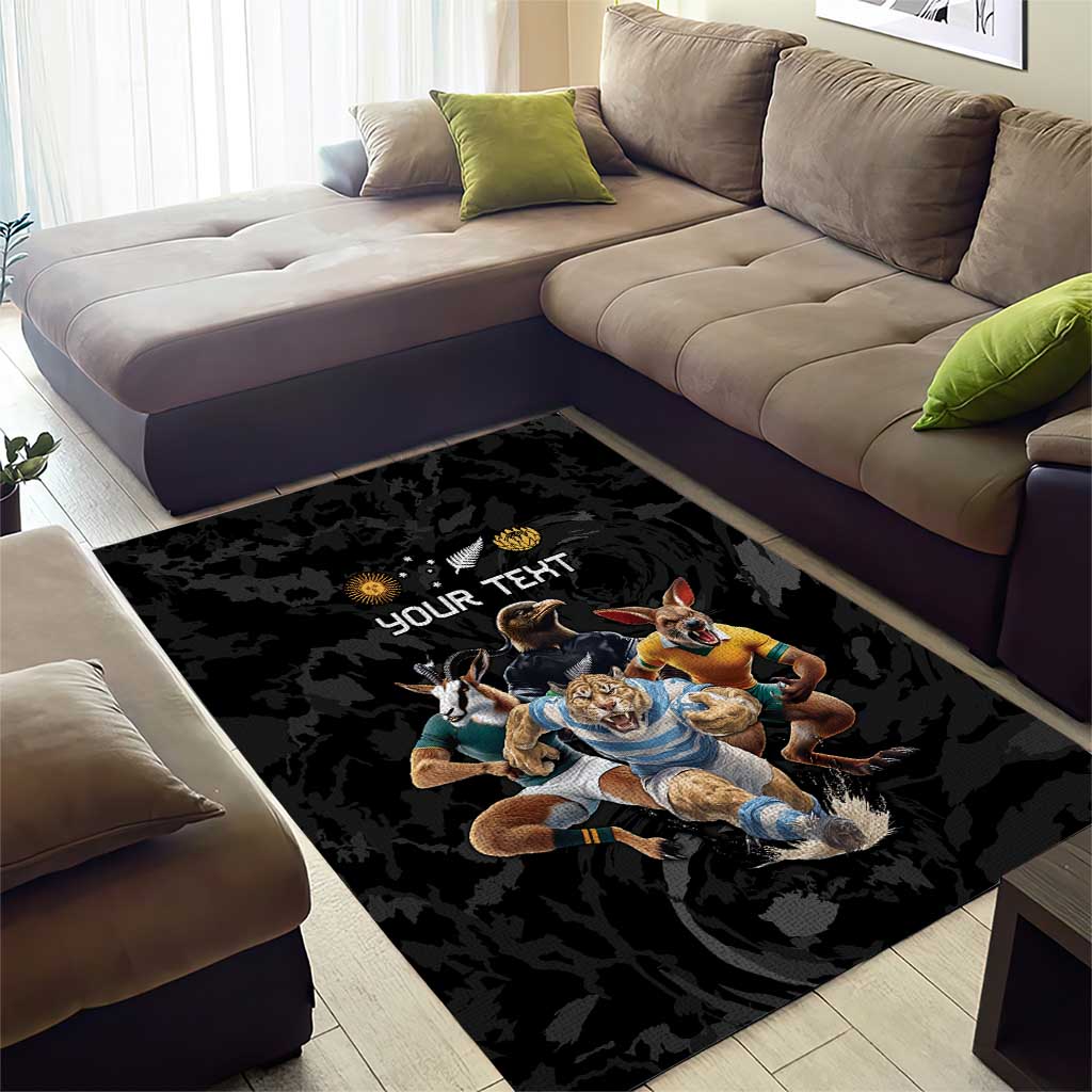 Custom Rugby Southern Hemisphere Area Rug Argentina AUNZ South Africa Mascot Black LT9 - Polynesian Pride
