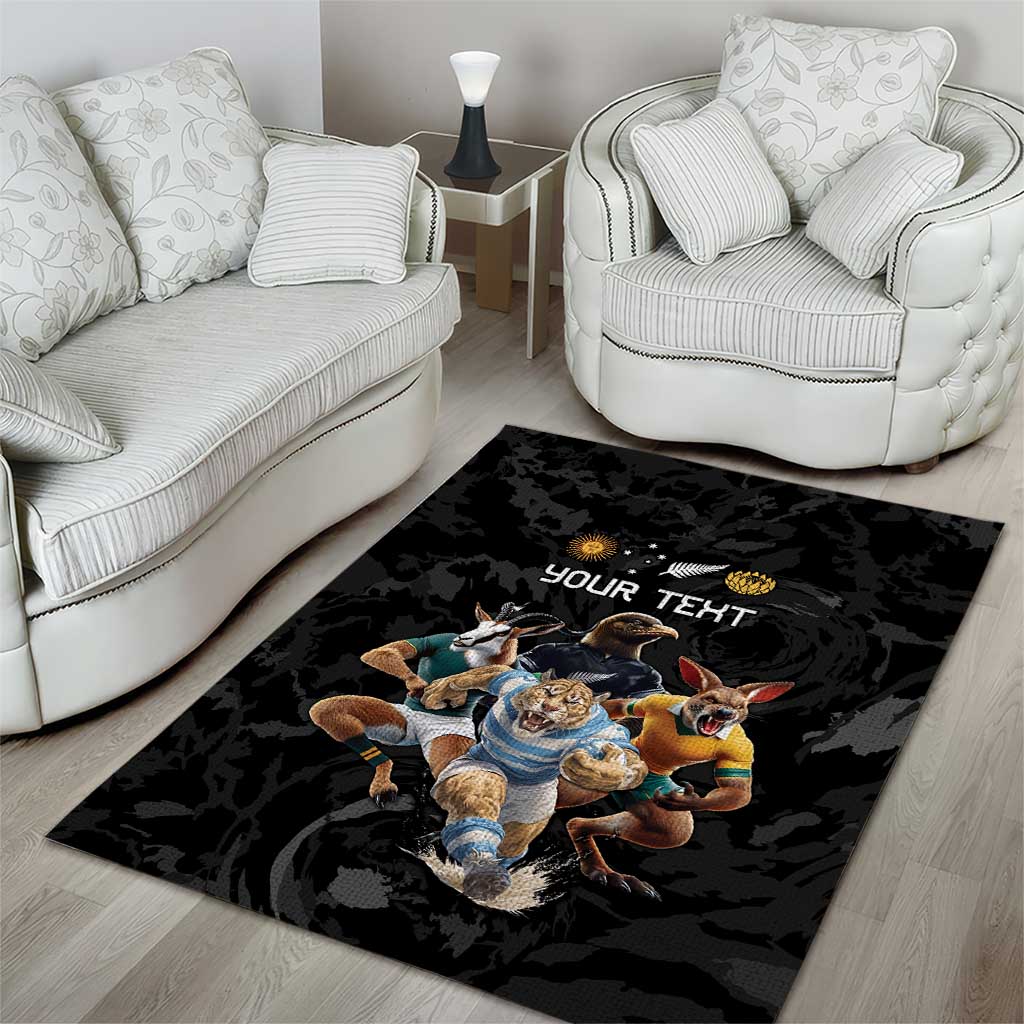 Custom Rugby Southern Hemisphere Area Rug Argentina AUNZ South Africa Mascot Black LT9 - Polynesian Pride