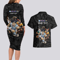 Custom Rugby Southern Hemisphere Couples Matching Long Sleeve Bodycon Dress and Hawaiian Shirt Argentina AUNZ South Africa Mascot Black - Polynesian Pride