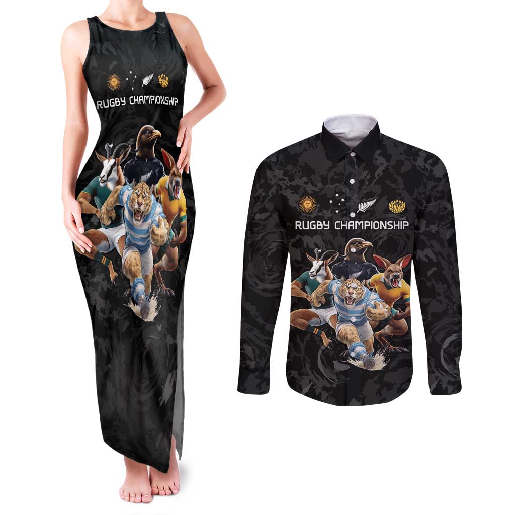 Custom Rugby Southern Hemisphere Couples Matching Tank Maxi Dress and Long Sleeve Button Shirt Argentina AUNZ South Africa Mascot Black - Polynesian Pride