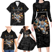 Custom Rugby Southern Hemisphere Family Matching Long Sleeve Bodycon Dress and Hawaiian Shirt Argentina AUNZ South Africa Mascot Black - Polynesian Pride