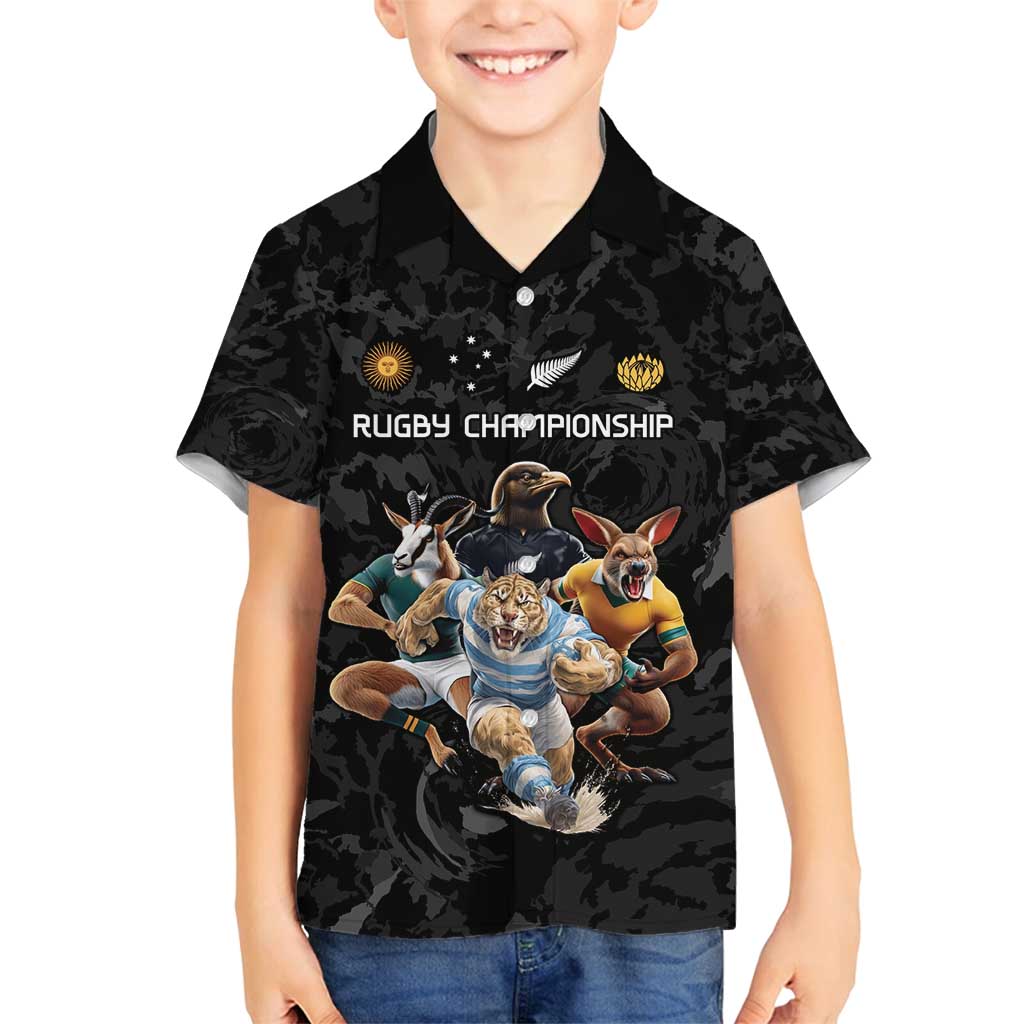 Custom Rugby Southern Hemisphere Family Matching Long Sleeve Bodycon Dress and Hawaiian Shirt Argentina AUNZ South Africa Mascot Black - Polynesian Pride