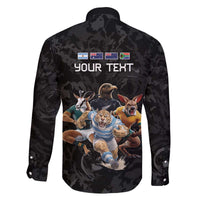 Custom Rugby Southern Hemisphere Family Matching Off The Shoulder Long Sleeve Dress and Hawaiian Shirt Argentina AUNZ South Africa Mascot Black - Polynesian Pride