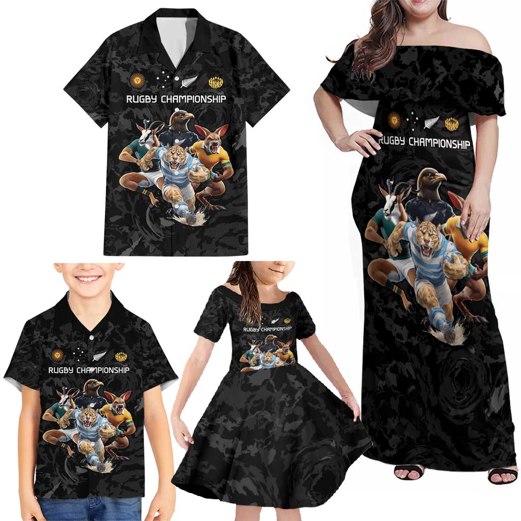 Custom Rugby Southern Hemisphere Family Matching Off Shoulder Maxi Dress and Hawaiian Shirt Argentina AUNZ South Africa Mascot Black - Polynesian Pride