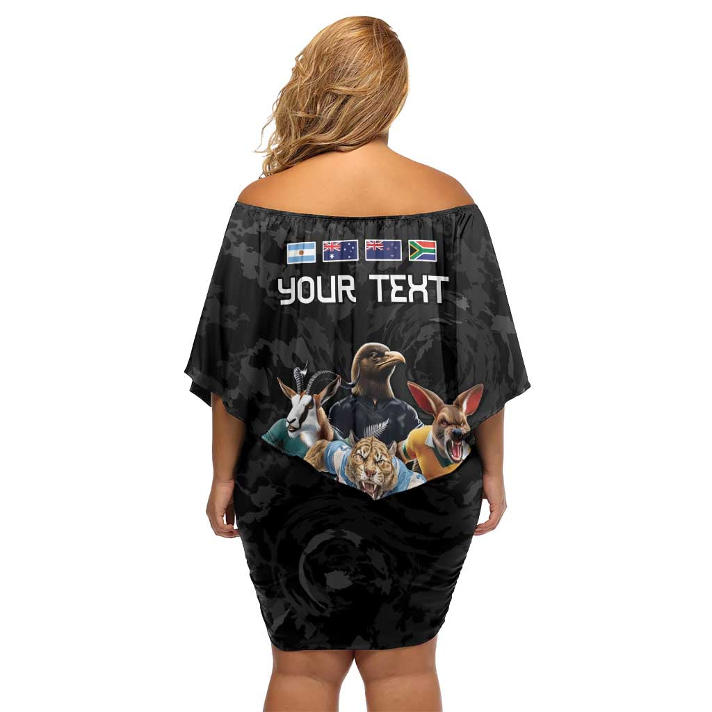 Custom Rugby Southern Hemisphere Family Matching Off Shoulder Short Dress and Hawaiian Shirt Argentina AUNZ South Africa Mascot Black - Polynesian Pride