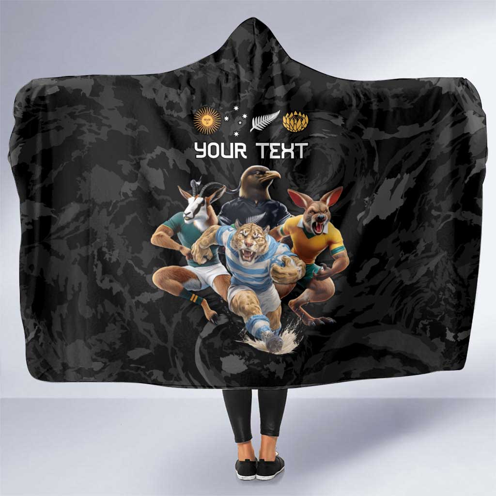 Custom Rugby Southern Hemisphere Hooded Blanket Argentina AUNZ South Africa Mascot Black - Polynesian Pride
