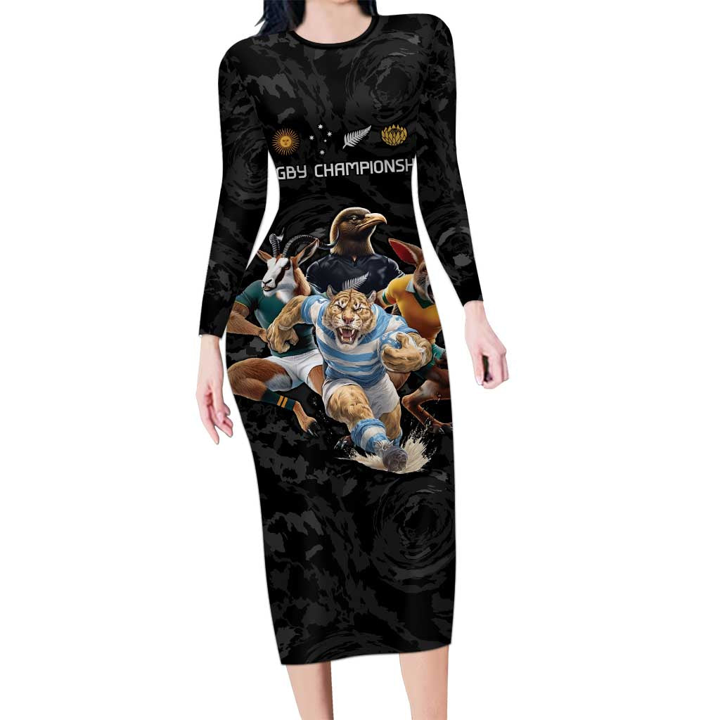Custom Rugby Southern Hemisphere Long Sleeve Bodycon Dress Argentina AUNZ South Africa Mascot Black - Polynesian Pride