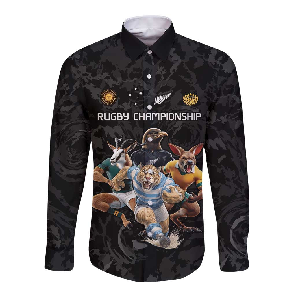 Custom Rugby Southern Hemisphere Long Sleeve Button Shirt Argentina AUNZ South Africa Mascot Black - Polynesian Pride