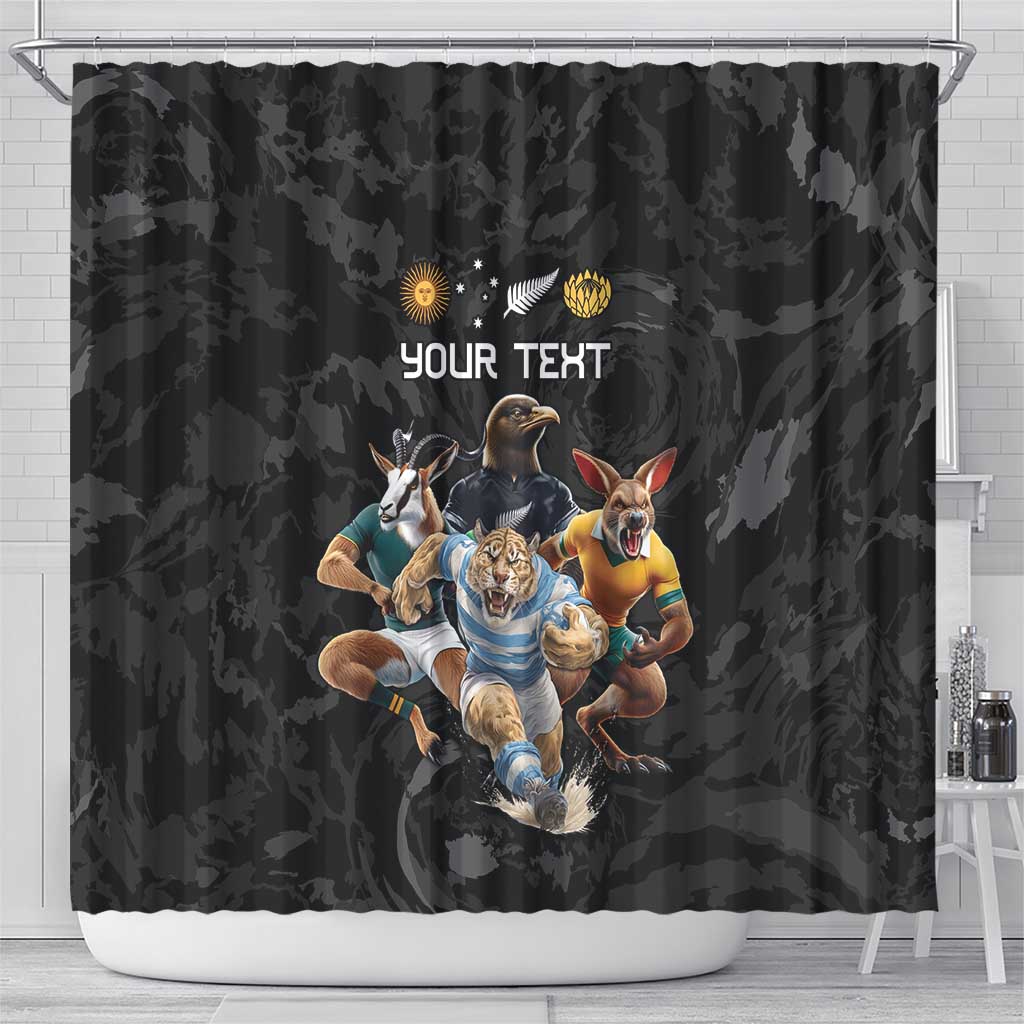 Custom Rugby Southern Hemisphere Shower Curtain Argentina AUNZ South Africa Mascot Black - Polynesian Pride