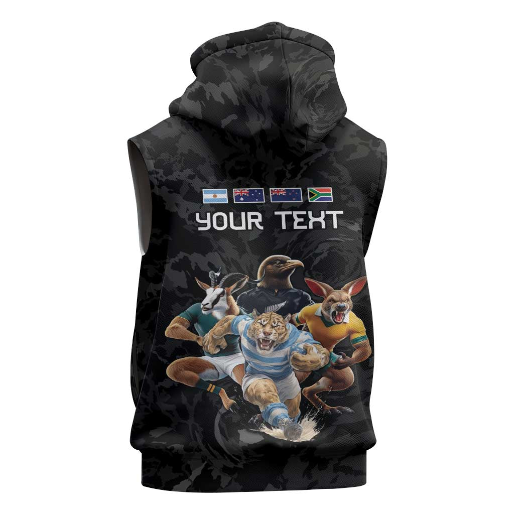 Custom Rugby Southern Hemisphere Sleeveless Hoodie Argentina AUNZ South Africa Mascot Black - Polynesian Pride