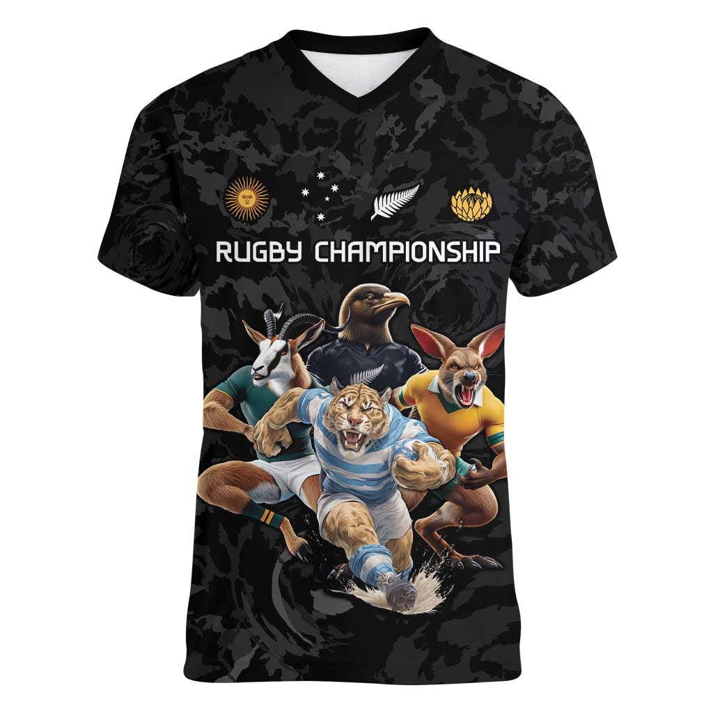 Custom Rugby Southern Hemisphere Women V-Neck T-Shirt Argentina AUNZ South Africa Mascot Black LT9 Female Black - Polynesian Pride